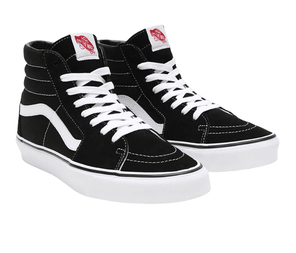 A pair of Vans SK8-Hi sneakers in black suede with white rubber soles, and leather Vans stripes on the sides.