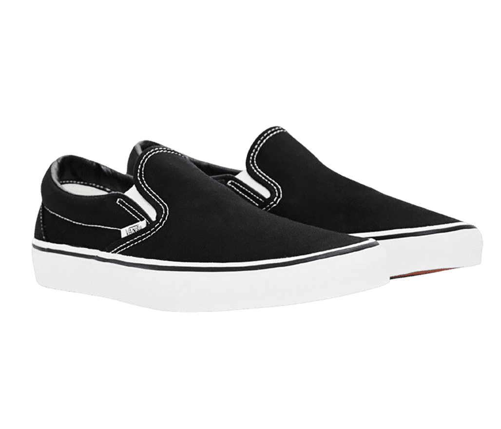 A pair of black suede Vans Slip-On sneakers with no laces and white rubber soles.