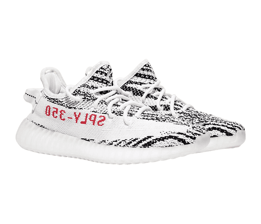 A white pair of Adidas Yeezy sneakers covered in black pixelated spiral patterns. The soles are semi-translucent and “SPLY-350” is written backwards in red, on the lateral sides.