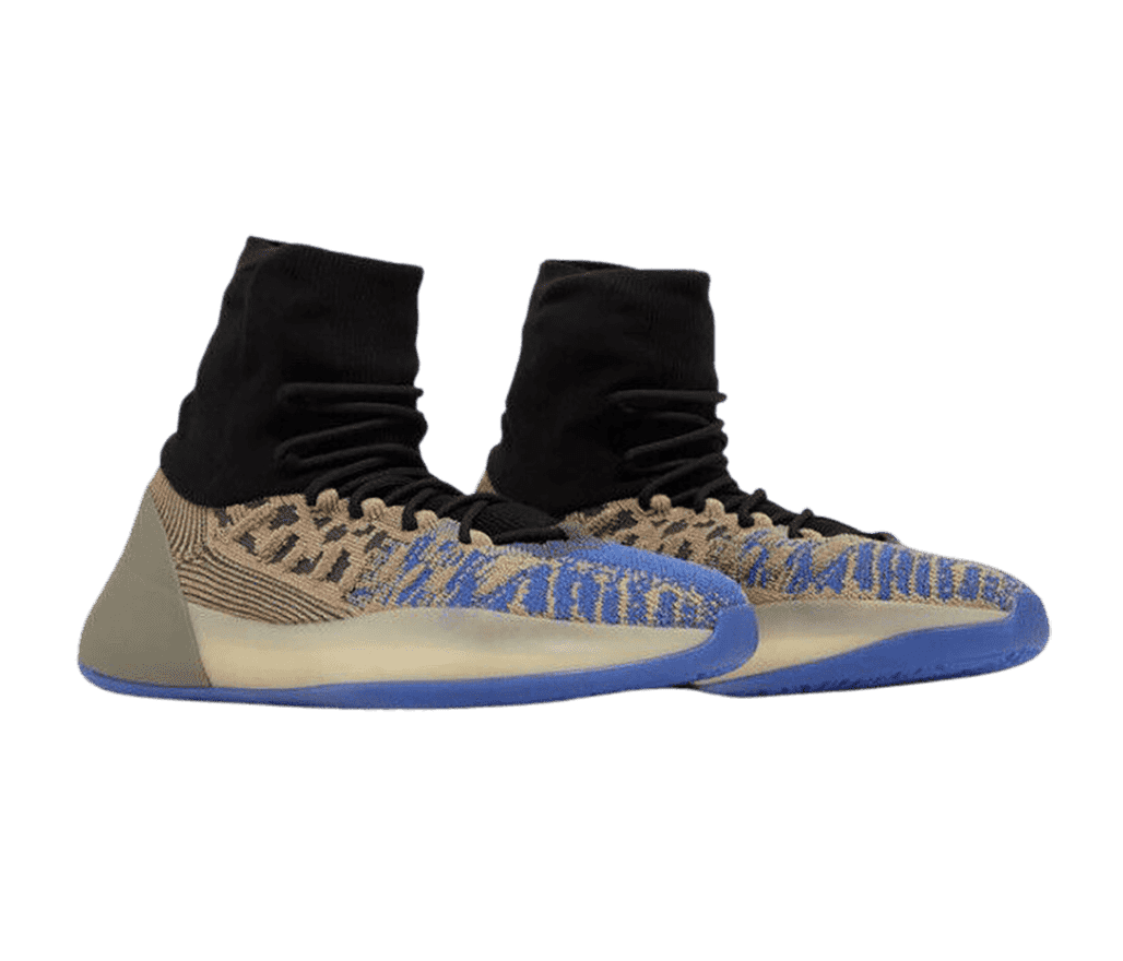 A pair of Yeezy Basketball Knit “Slate Azure” sneakers in blue and brown uppers, dark beige rubber heels, gum midsoles, blue outsoles, and black tongues, laces, and high-top ankle collars.