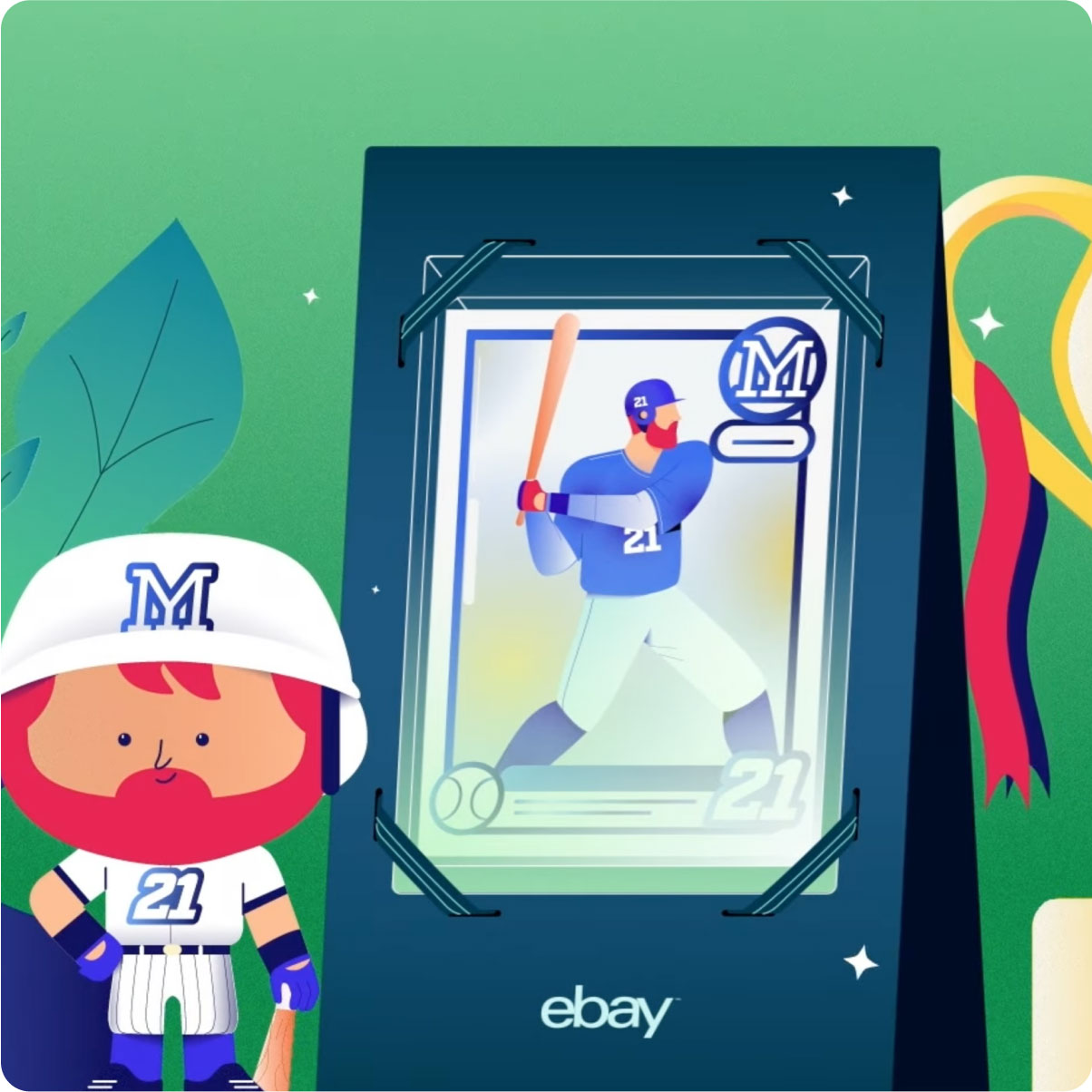 Cartoon baseball player next to baseball card