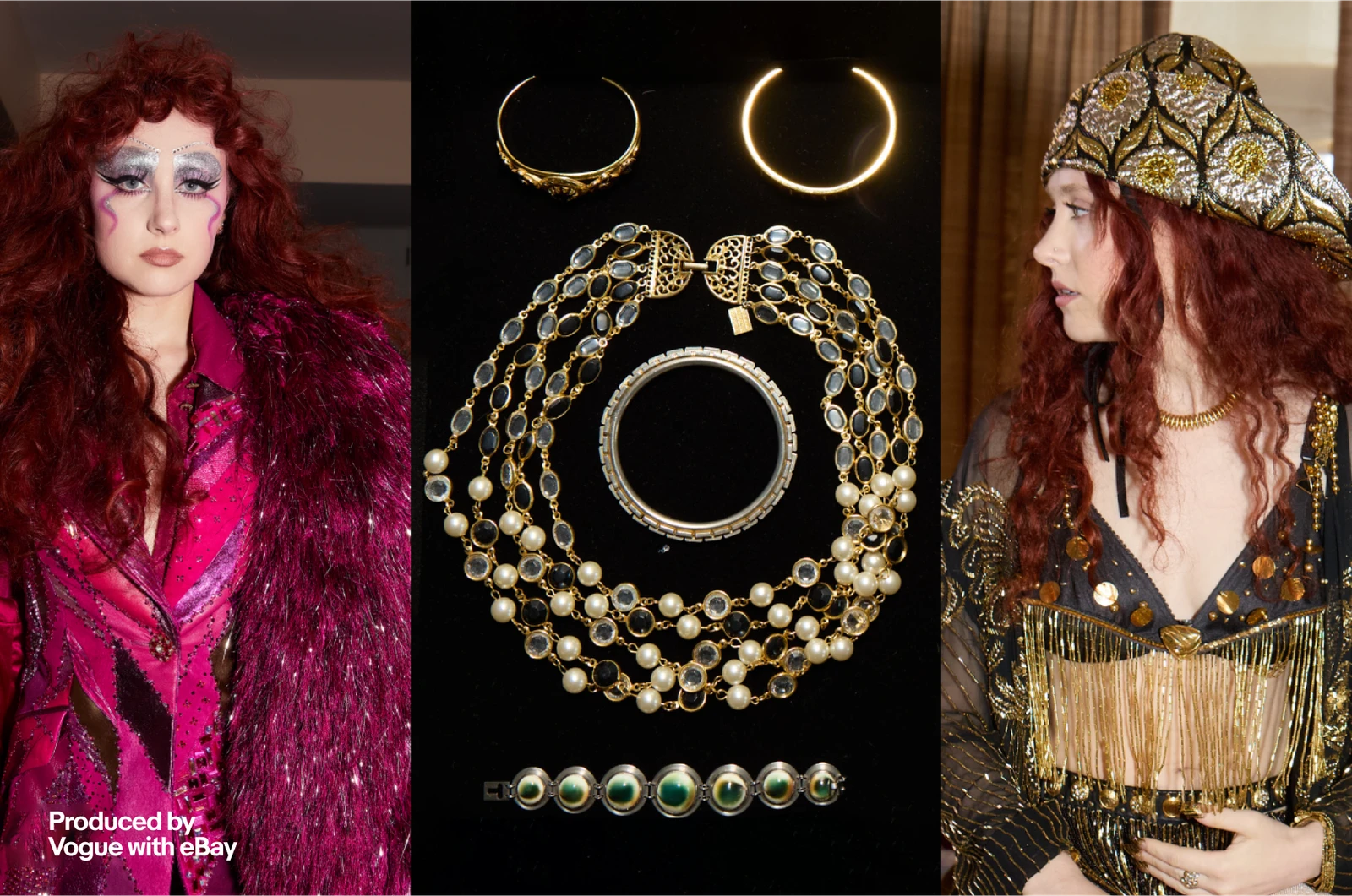 Three-panel collage featuring Chappell Roan wearing two glam vintage outfits, gold in jewelry in the center. Text reading 'Produced by Vogue with eBay'